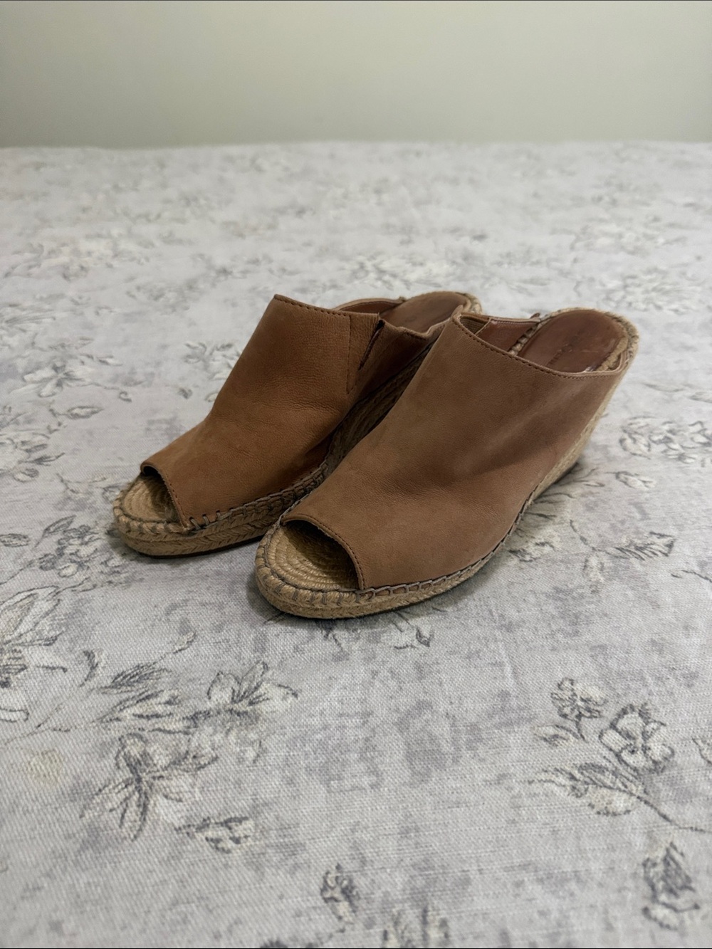 BCBGeneration Tan Open-Toe Espadrille Wedge Mules